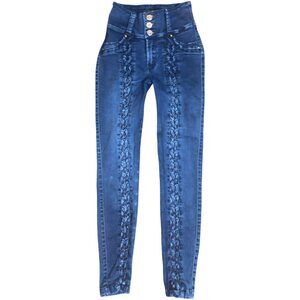 Sz.6*WOW!*Blue Denim Very Skinny Jeans--Open-Weave Down Middle, Beaded